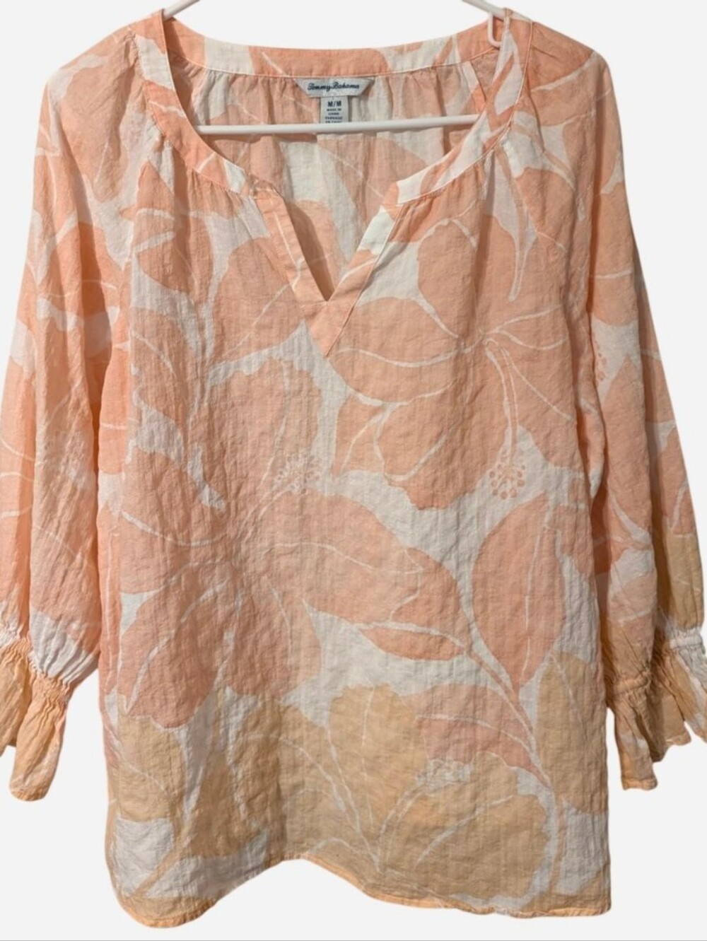 Tommy Bahama Peach Pink & White Printed Lightweight Resort Blouse, Size M